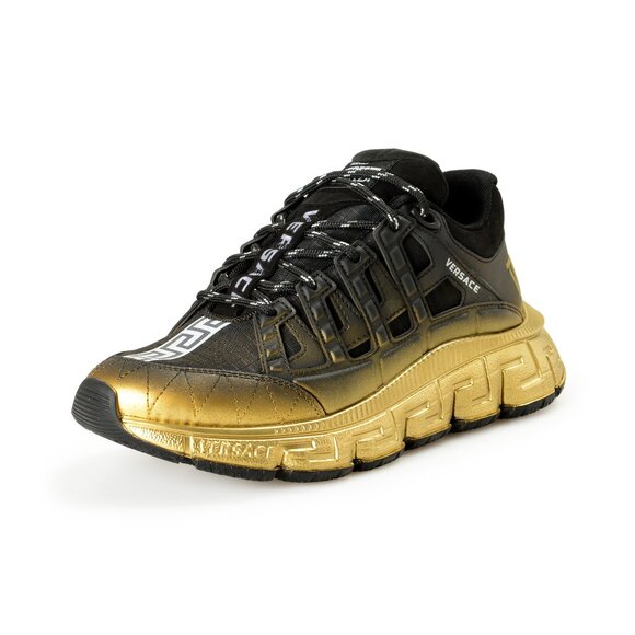Versace Men's Black & Gold Logo Leather & Canvas Sneakers Shoes US 6 IT 39